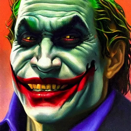 Image similar to an ultra - realistic portrait painting of the joker in the style of frank frazetta. 4 k. ultra - realistic. highly detailed. dark fantasy. epic lighting.