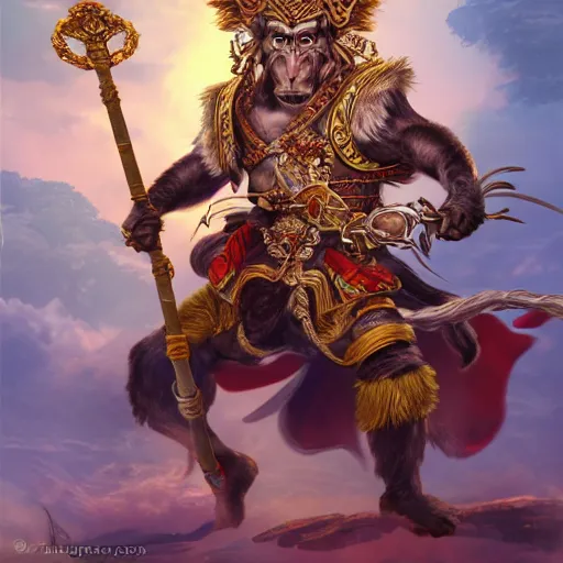 Image similar to a fantasy game portrait of the monkey king. the monkey king has a determined expression and is holding a golden staff. highly detailed and trending on art station.