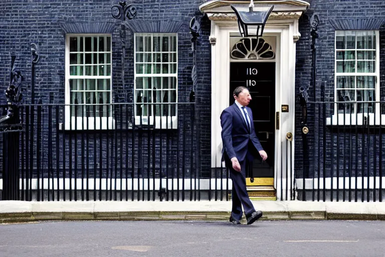 Prompt: Elmo walking into Number 10 Downing Street, vivid colors, news photography