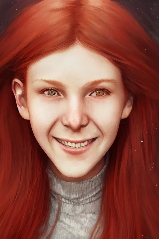 Prompt: ultra realistic style illustration of a cute red haired old teen smiling, 1 9 year old, headshot, sci - fi, fantasy, intricate, elegant, digital painting, artstation, concept art, smooth, sharp focus, illustration, 8 k frostbite 3 engine, ultra detailed, art by artgerm and greg rutkowski and magali villeneuve