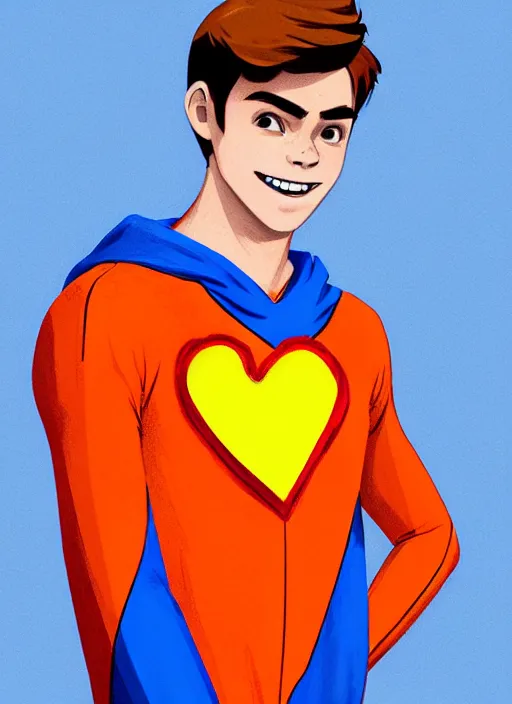 Image similar to friendly teenage archie andrews wearing an orange superhero costume with heart logo, heart, freckles, blue cape, heart emblem on chest, blue cape, intricate, elegant, glowing lights, highly detailed, digital painting, artstation, sharp focus, illustration, art by wlop, mars ravelo and greg rutkowski