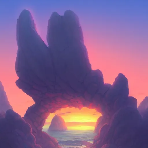 Image similar to beautiful matte digital fantasy concept art of the shore of the island of monuments and statues, with a spectacular sunset, from the studio ghibli movie island monuments, by andreas rocha, pastel color palette, trending on artstation hq, 8 k