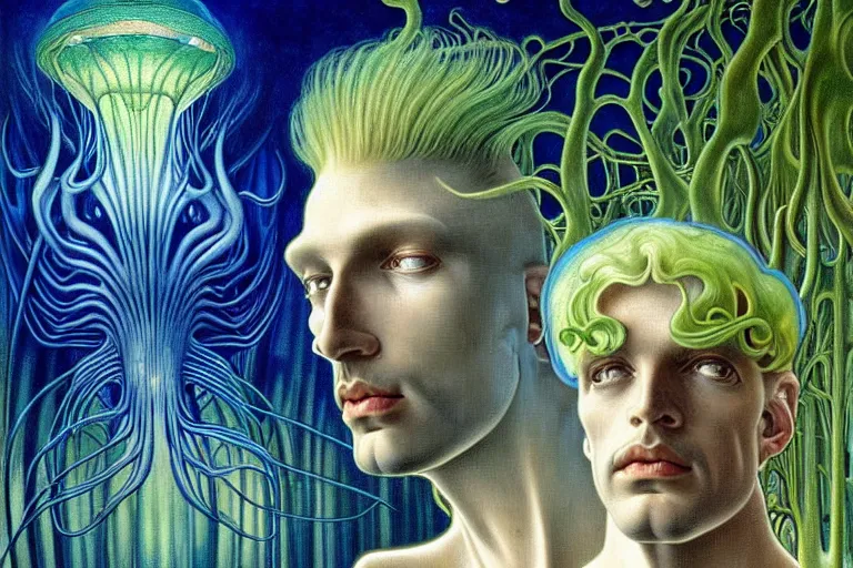 Image similar to realistic detailed portrait painting of a beautiful ghost man with blond hair with an alien, futuristic sci-fi forest on background by Jean Delville, Amano, Yves Tanguy, Alphonse Mucha, Ernst Haeckel, Edward Robert Hughes, Roger Dean, rich moody colours, blue eyes