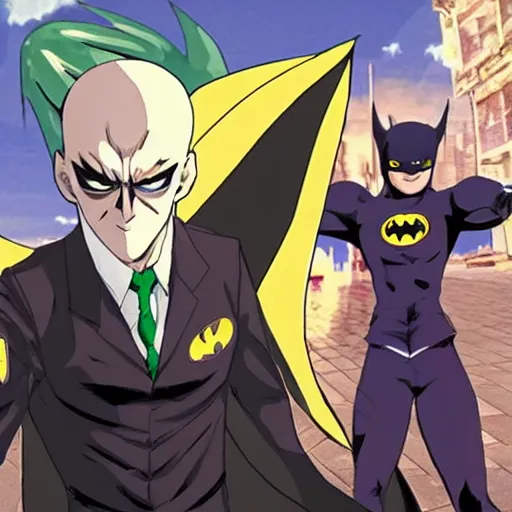 Prompt: Anime Angry Batman pointing at hysterical Joker in the middle of the street, Key Still, lighting, in the style of One Punch Man, highly detailed, establishing shot