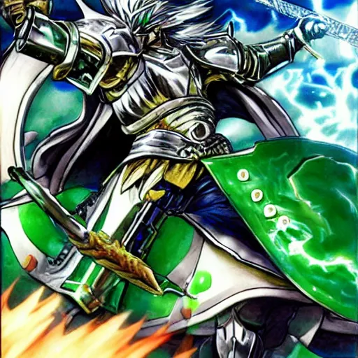 Prompt: fantasy knight behind the wheel of a green hatchback, blue armor, golden sword, dragon attacking with fire, Yusuke Murata