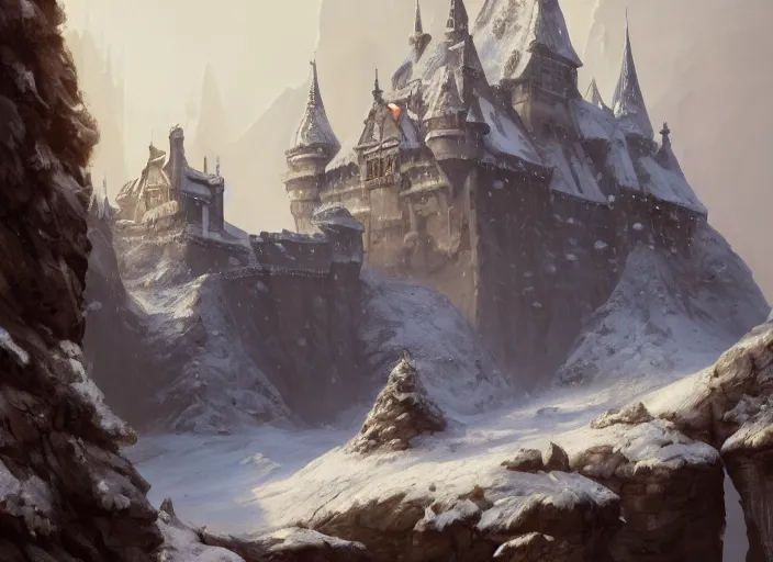 Image similar to a painting of a castle in the middle of a snowy mountain, a detailed matte painting by andreas rocha and greg rutkowski, featured on artstation, fantasy art, matte drawing, matte painting, artstation hq