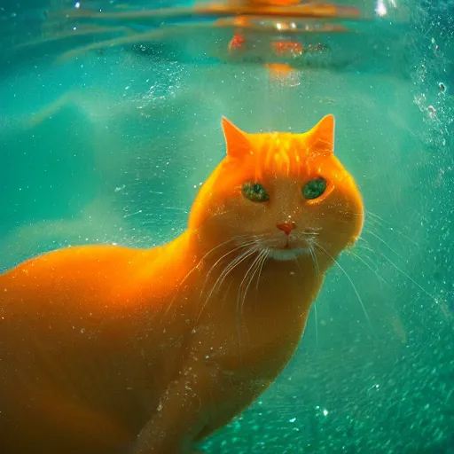 Image similar to orenge fat cat, underwater photography and light scattering, water refractions turned out impressive imho,
