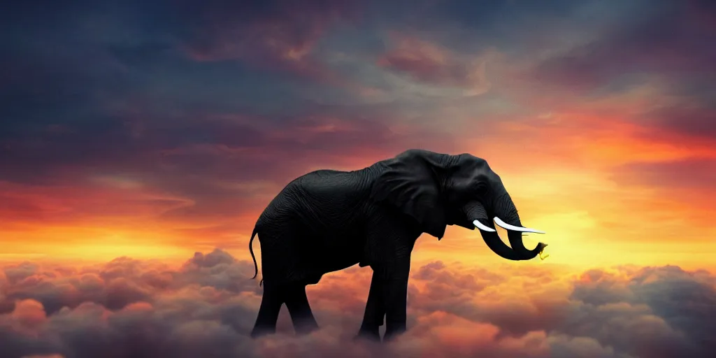 Prompt: an elephant flying over the clouds, sunset, moody, anime, cyberpunk