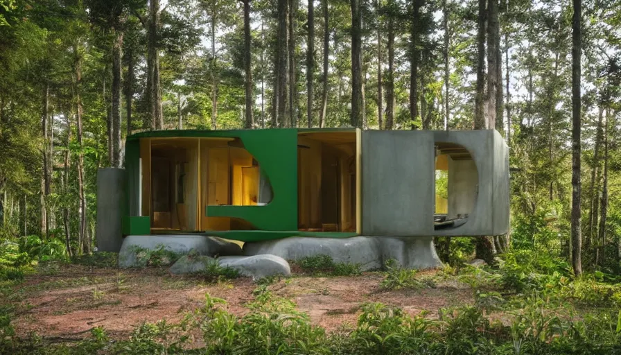 Image similar to A wide image of a full innovative contemporary 3D printed prefab sea ranch style cabin with rounded corners and angles, beveled edges, made of cement and concrete, organic architecture, in a lush green forest Designed by Gucci, Balenciaga, and Wes Anderson, golden hour