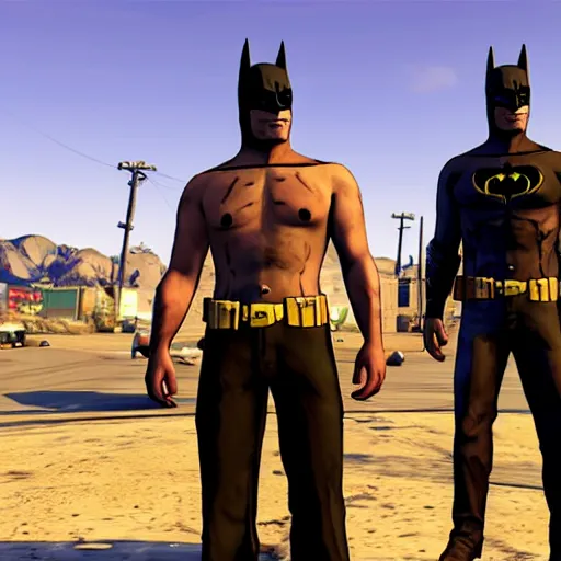 Prompt: trevor philips ( gta 5 ) as batman, town of sandy shores ( gta 5 ) in background