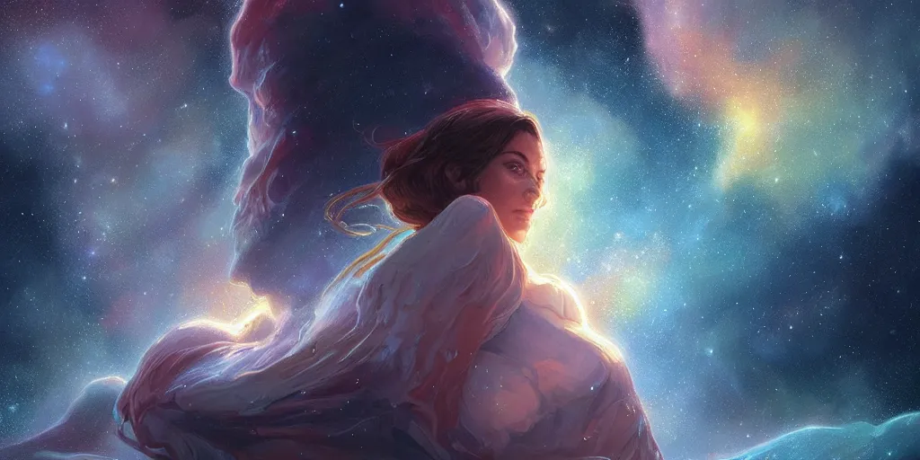 Image similar to vast nebula, ultra realistic illustration, alanis guillen, intricate, elegant, highly detailed, digital painting, artstation, concept art, smooth, sharp focus, illustration, art by artgerm and greg rutkowski and alphonse mucha