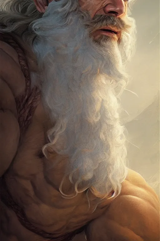 Image similar to photo portrait of rugged zeus, god of thunder, greek god, white hair, masculine, mature, handsome, upper body, muscular, hairy chest, fantasy, intricate, elegant, highly detailed, digital painting, artstation, concept art, smooth, sharp focus, illustration, art by gaston bussiere and greg rutkowski