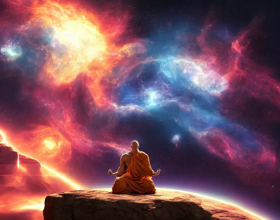 Prompt: energy meditating monk in space, nebula, stars, realistic, beautiful texture, beautiful graphics, fantasy artwork, very beautiful scenery, hd, hdr, ue 5, ue 6, unreal engine 5, cinematic 4 k wallpaper, 8 k, ultra detailed