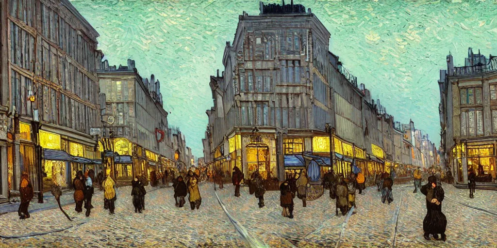 Image similar to highly detailed painting of whitechapel 1888 by van gogh, trending on artstation, 8K, ultra wide angle, pincushion lens effect