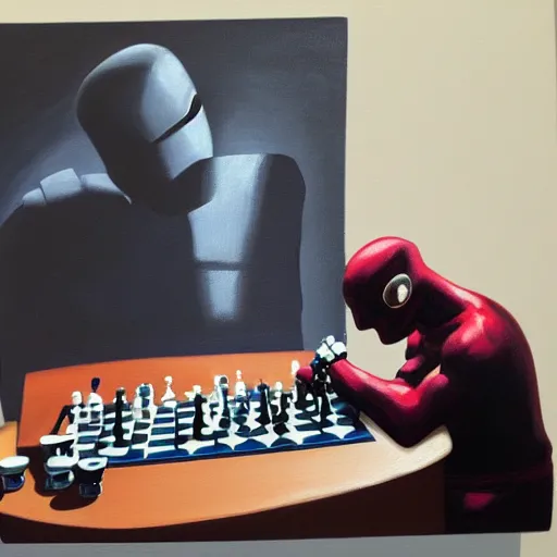 Prompt: painting of daredevil pondering next to a chess set, octane, painting by greg ruthowski, artstation, marvel