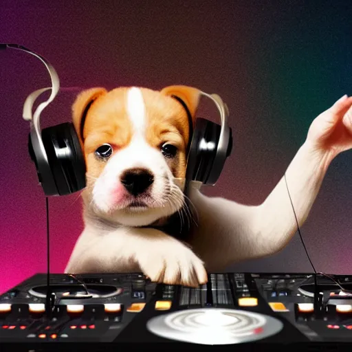 Image similar to puppy as a DJ, 8k, volumetric lighting, hyper realistic