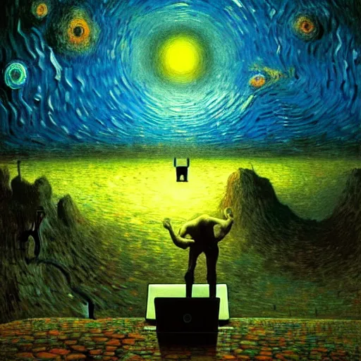 Image similar to A man programs A.I. on a laptop in a climbing gym - award-winning digital artwork by Salvador Dali, Beksiński, Van Gogh and Monet. Stunning lighting