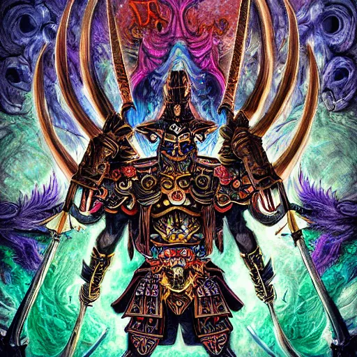 Image similar to rainbow paper + tarot card + Giant Muscular Baphomet wearing Samurai outfit, vintage detailed fantasy illustration painted by Dan Witz, Artgerm, Eldritch, John Howe + intricate ink illustration, ornate, highly detailed + digital painting + 4k + HDR + concept art, smooth, sharp focus, psychedelic black light style + symmetry + bloodborne