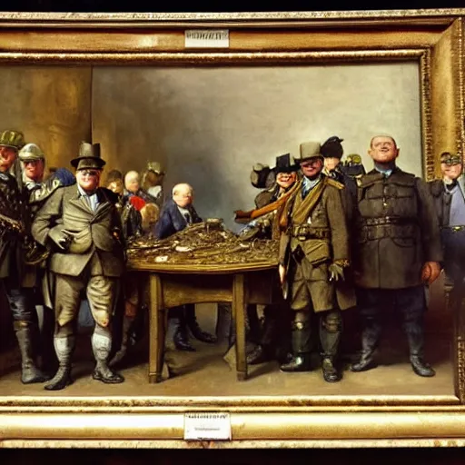 Prompt: A photograph of Winston Churchill and the Teenage Mutant Ninja Turtles signing a peace treaty, in British Parliament, painted by Rembrandt