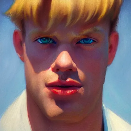 Image similar to a close up realistic portrait of a blonde man, edward hopper, trending on artstation