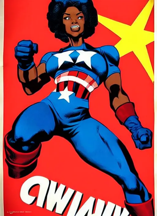 Image similar to beautiful black female captain america. afro - feminist captain america wins wwii. american wwii propaganda poster by james gurney, rob liefeld and pixar. gorgeous face. overwatch, realistic. black power