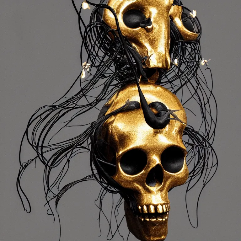 Image similar to black background. absolutely symmetrical sculpture. centered. goddess princess face close-up portrait ram skull. sculpture made of gold and black charcoal. jellyfish phoenix head, nautilus, orchid, skull, betta fish, bioluminiscent creatures, intricate artwork by Tooth Wu and wlop and beeple. octane render, trending on artstation, greg rutkowski very coherent symmetrical artwork. cinematic, hyper realism, high detail, octane render, 8k