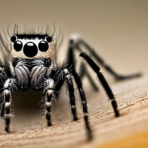 Prompt: macro photography of a jumping spider.