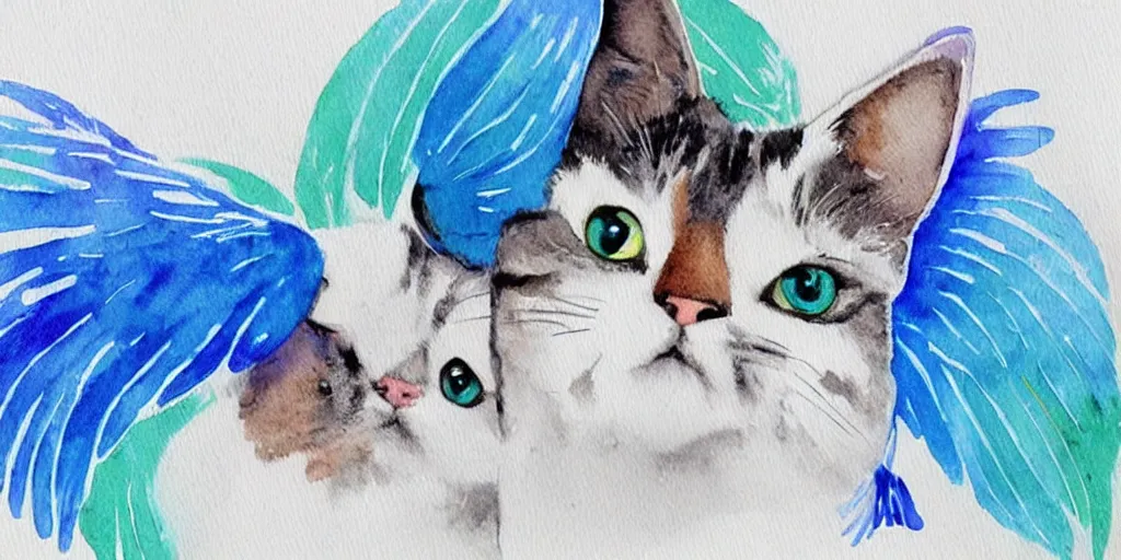 Image similar to watercolor illustration style, cute cats with blue wings