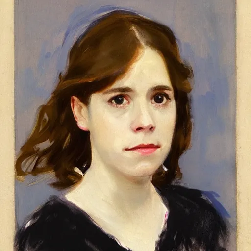 Prompt: a portrait of female asa Butterfield mixed with pam beesly, she has thin lips, by john singer Sargent