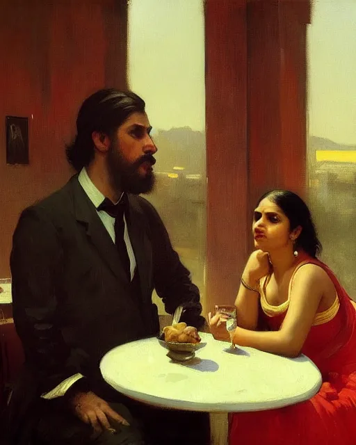 Prompt: a guy and girl on a date in a restaurant, saree, desi, art by greg rutkowski, gustave courbet, rosa bonheur, edward hopper. faithfully depicted facial expression, perfect anatomy, sharp focus, global illumination, radiant light, detailed and intricate environment, trending on artstation