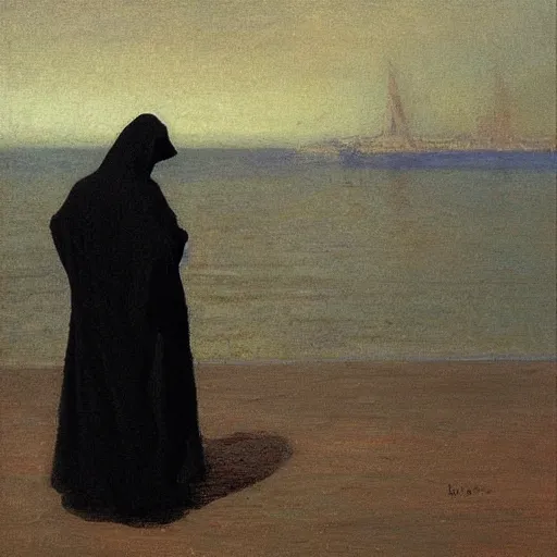 Image similar to Back view of the grim reaper, thin black robe, curvy, death himself, deep shadows, award winning, by Ilya Repin