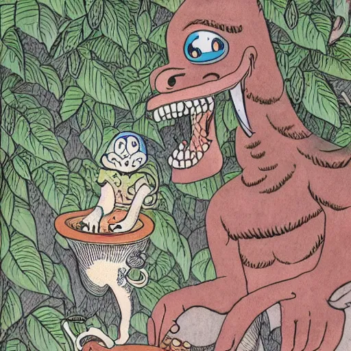 Image similar to highly detailed illustration of a monster smiling and dancing around a beautiful steaming cups of coffee, amongst coffee trees and flowers, in the style of Japanese illustration, Maurice Sendak, Tove Jansson