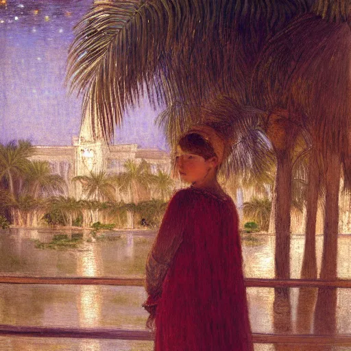 Prompt: a ultradetailed beautiful painting of a girl at night on the amazonas palace by jules bastien - lepage, hans belmer, frank weston and gustave baumann, trending on artstation, mediterranean, palm trees, light sparkles, sharp focus, soft light