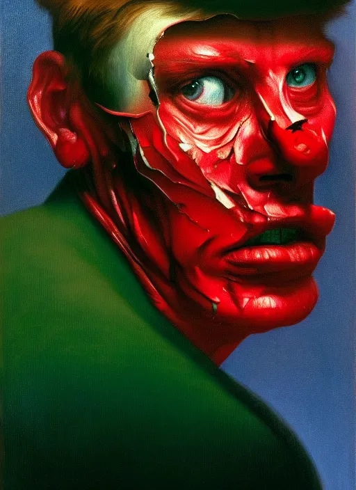 Image similar to he dreams of all the battles won, but fate had left its scars upon his face, depth of field, hauntingly surreal, highly detailed oil painting, by francis bacon, edward hopper, adrian ghenie, glenn brown, soft light, 8 k hd, cinematic composition, cinematic lighting in red, green and blue colours