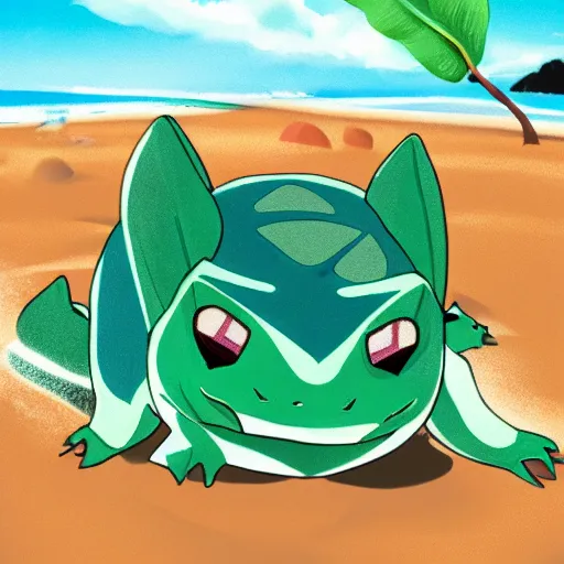 Image similar to Bulbasaur sunbathing on the beach