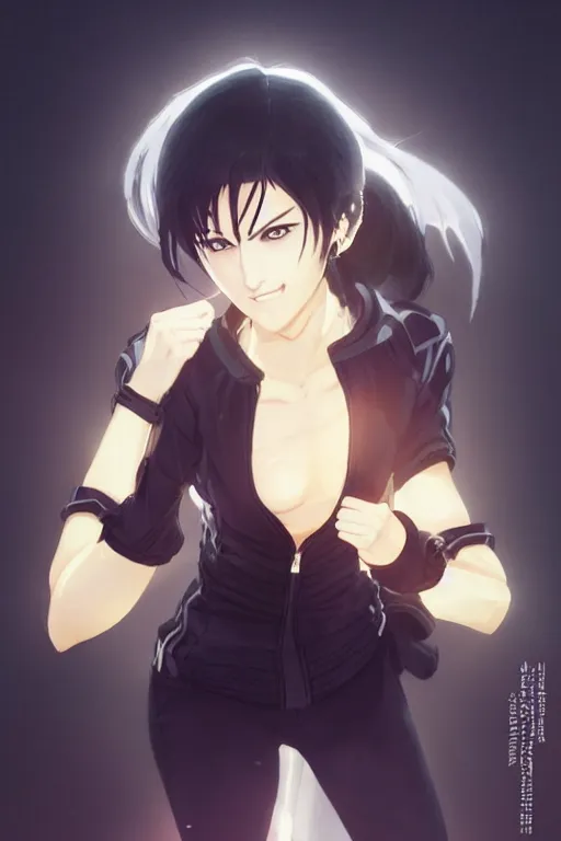 Prompt: black ponytail hair, pale woman in a black zipper jacket, yellow eyes, by artgerm, hair tied in a ponytail, white backdrop, soft lighting, fighting pose, by greg rutkowski makoto shinkai takashi takeuchi