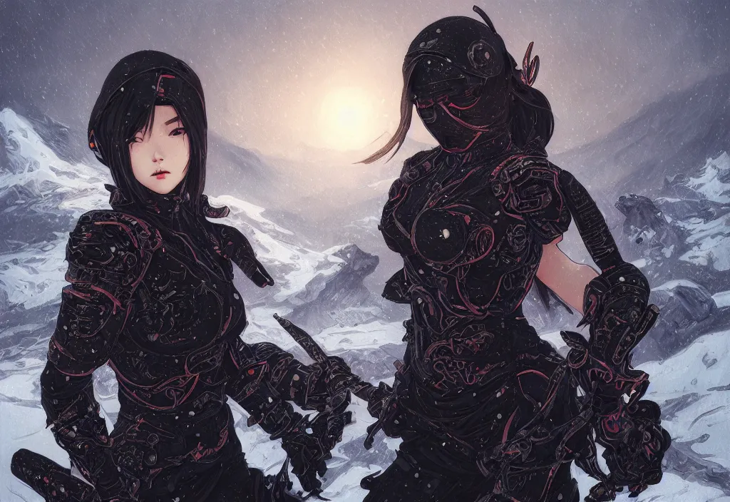 Image similar to portrait ninja gaiden girl, armored black reflective vests ninja wardrobe, at snowy fuji mountain fallen night, ssci - fi and fantasy, intricate and beautiful and detailed, digital painting, artstation, concept art, smooth and sharp focus, illustration, art by tian zi and wlop and alphonse mucha