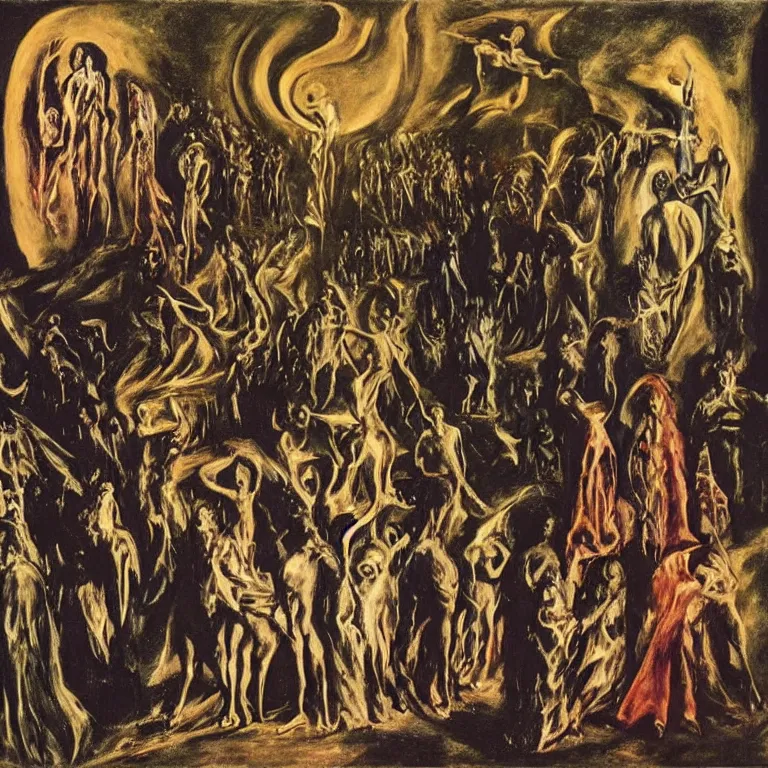 Prompt: A Holy Week procession of souls in a lush Spanish village at night. A figure at the front holds a cross. El Greco, Remedios Varo y Salvador Dali.