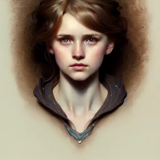 Image similar to portrait of a scottish teenage girl with dark blonde hair, glowing skin, delicate features, nerdy, fantasy, intricate, elegant, dress shirt, highly detailed, digital painting, artstation, concept art, smooth, sharp focus, illustration, art by Krenz Cushart and Artem Demura and alphonse mucha