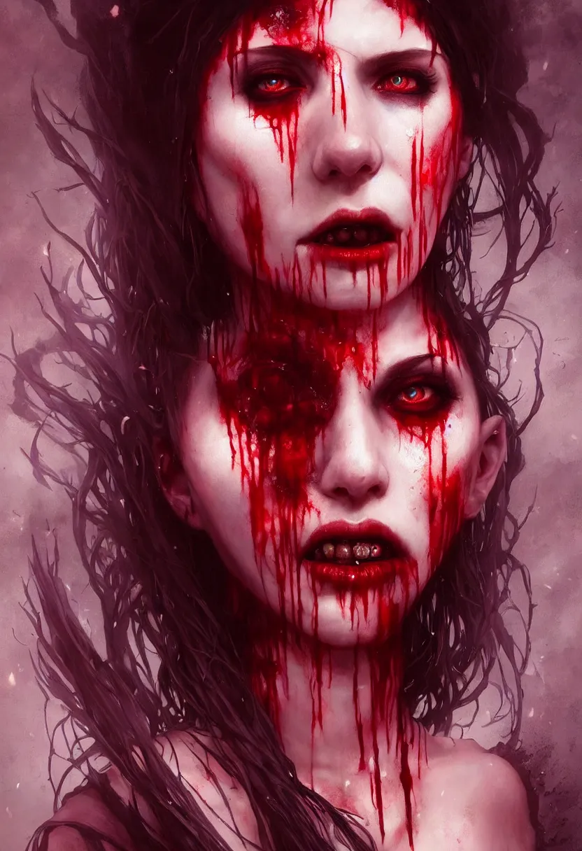 Prompt: beautiful, very extreme closeup portrait, bloody, vampire girl, extreme blood, vampire fangs, medieval dress. witch, makeup. unreal engine, greg rutkowski, loish, rhads, beeple, tom bagshaw, alphonse mucha, global illumination, detailed and intricate environment