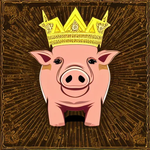 Image similar to Highly detailed comic book style drawing of a pig wearing a gold crown, full body, zoomed out, retro, colorful, intricate, vector, concept art, sharp