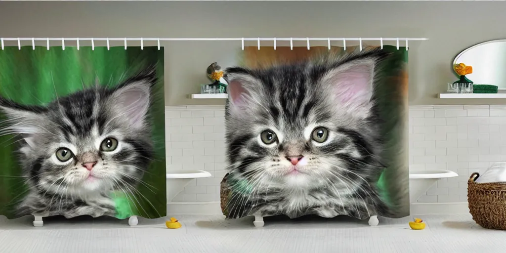 Image similar to a ( ( main coon kitten ) ) baby yoda themed shower curtain, shower curtain product photography. product lighting. digital art. 4 k, highly detailed. saturated.