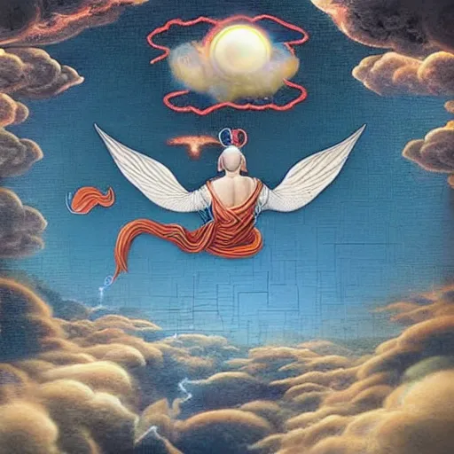 Prompt: an enlightened ancient taoist immortal flying on a cloud made of microscopic silicon chips, surrealism, enlightened, quantum state, wuji