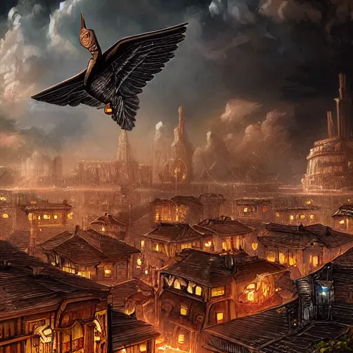 Prompt: A flying steampunk city in the stormy clouds at night, high quality digital art