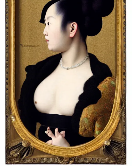 Image similar to photo-realistic portrait of an asian woman with red hair buns, wearing a black dress by Vivienne Westwood, intricate details, masterpiece, in the style of Jean Auguste Dominique Ingres, black background