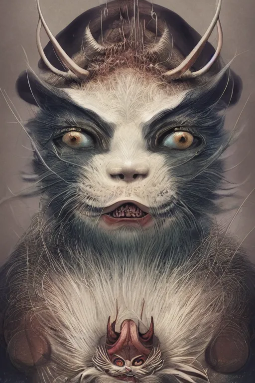 Image similar to a portrait of a japanese devil animal illustrated by miyazaki by karol bak, james jean, tom bagshaw, rococo, sharp focus, trending on artstation, cinematic lighting, hyper realism, octane render, 8 k, hyper detailed, vivid, ultra detailed, highly detailed