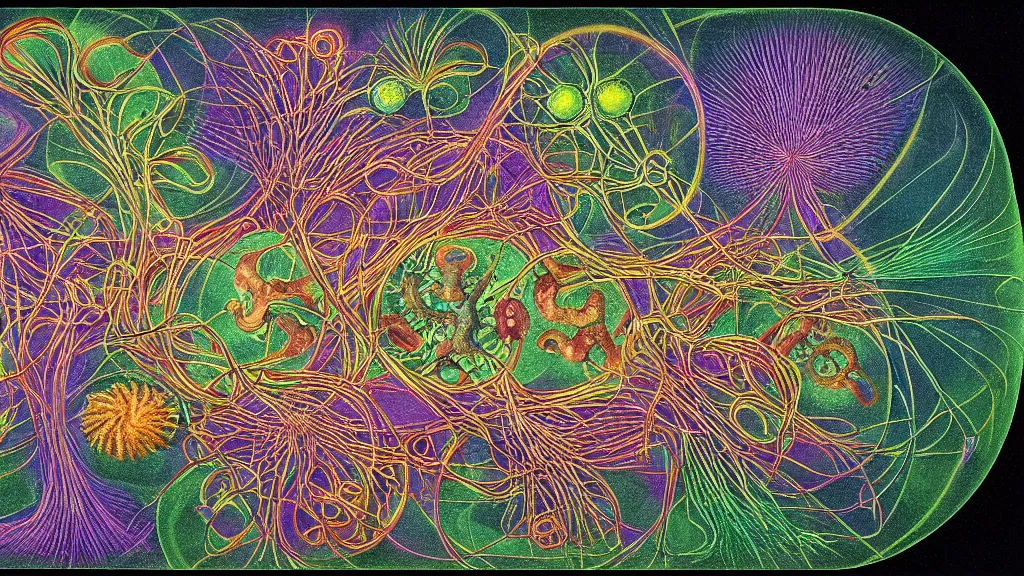 Image similar to quantum connections represented as symbiotic organisms like cells playing around with colorful lights by ernst haeckel, liquid