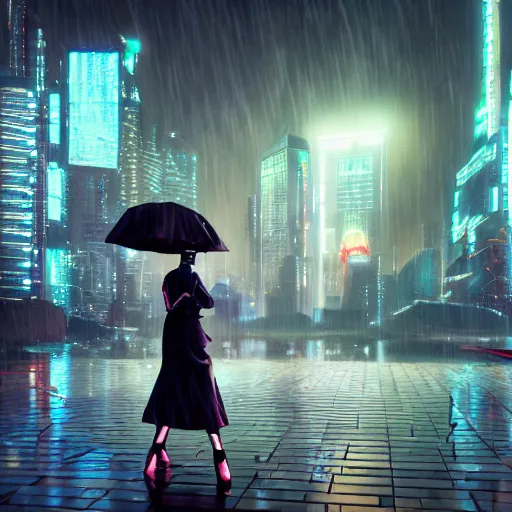 Prompt: a picture of a woman holding an umbrella in the rain, futuristic city, cyberpunk art by fyodor vasilyev, zbrush central contest winner, cubo - futurism, synthwave, darksynth, retrowave