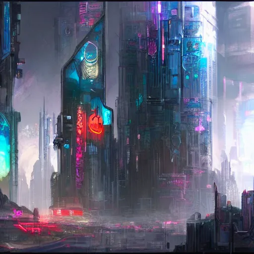 Image similar to concept art, high fantasy, cyberpunk, cityscape