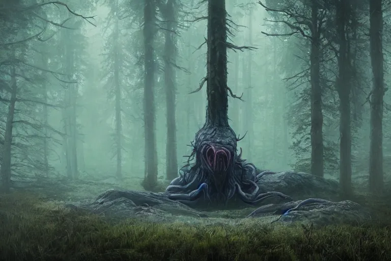 Image similar to creepy eldritch monster in a swedish forest, very low angle photograph, very detailed, trending on artstation, realistic, soft colors, simon stalenhag, lovecraft, horror